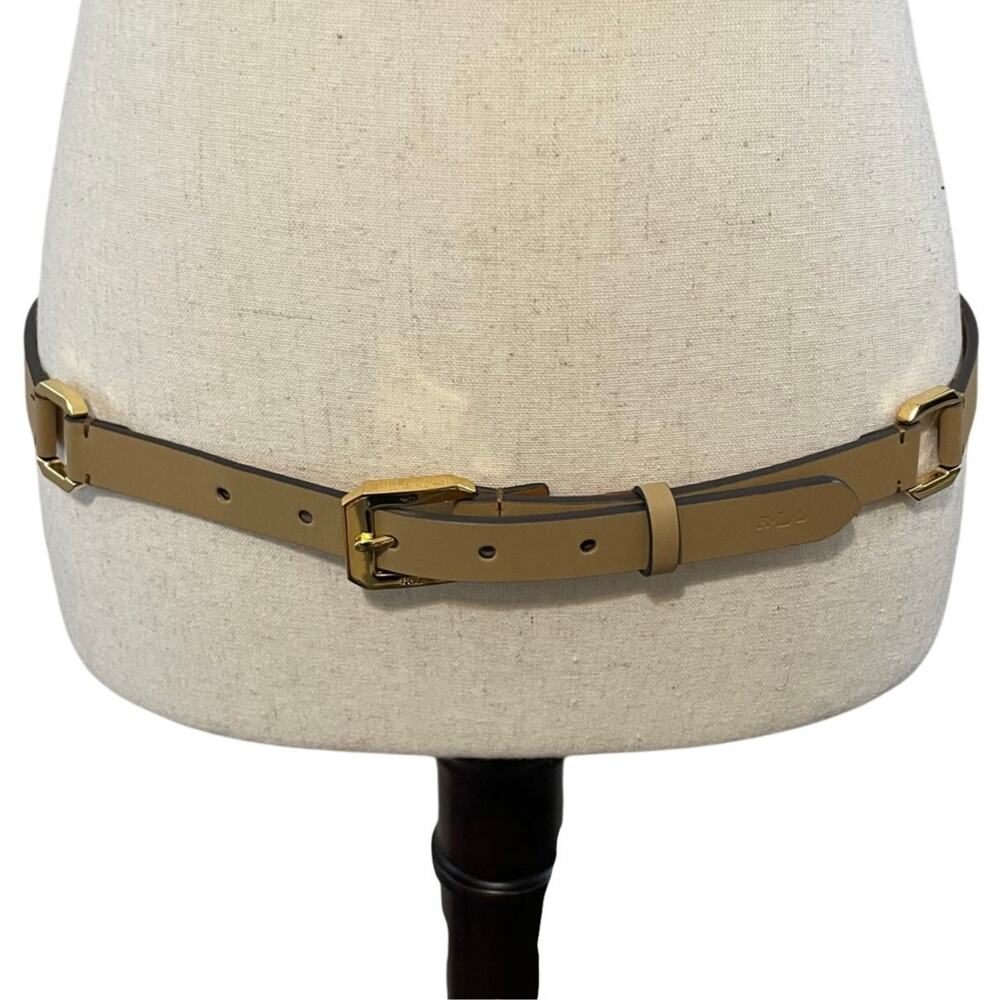 Lauren Ralph Lauren Women’s Tan Leather Belt Gold Square Link Connector M L